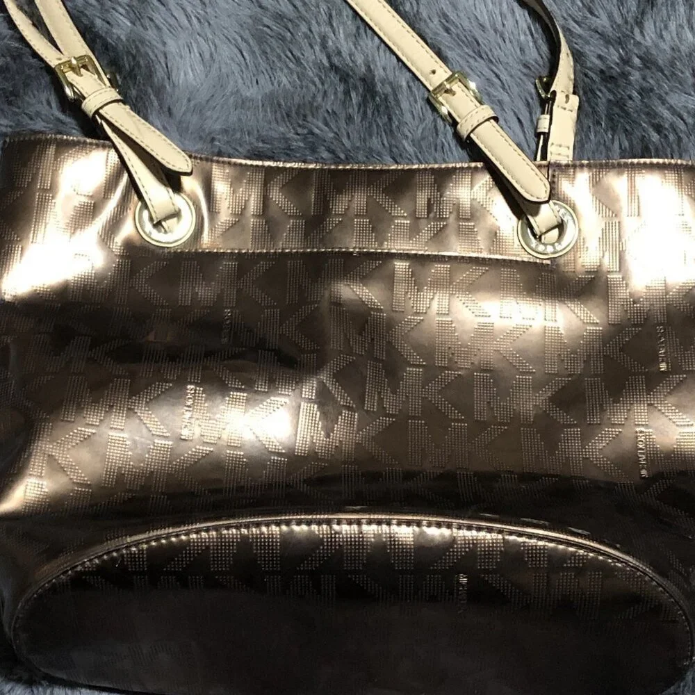 Michael Kors Brown Logo Tote Bag with Logo Charm, Beige Leather Double Handles